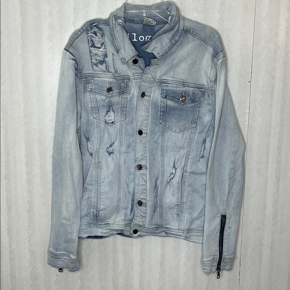 KILOGRAM Mens DISTRESSED MOTO REPAIR JEAN JACKET Denim Jacket Size L - Picture 2 of 4